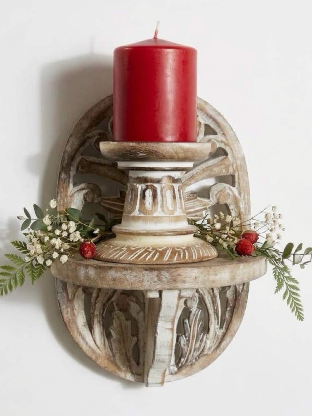 Shabby Chic Wooden Wall Shelf and Wood Candle Holder Shelf is 113/4” Tall x 8x53